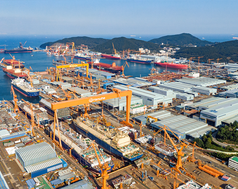 Work is underway at Hanwha’s Geoje shipyard, on Korea’s southeastern coast.