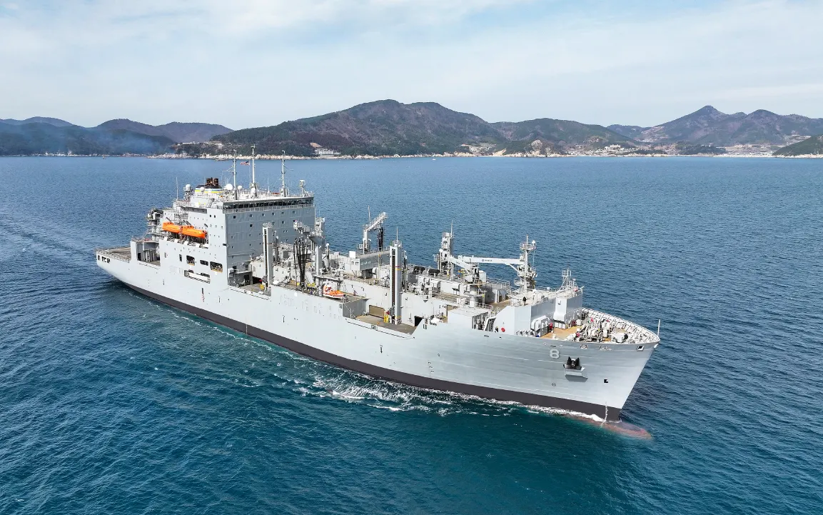 A bird’s eye view of maintenance, repair, and overhaul being performed on USNS Wally Schirra at Geoje shipyard
