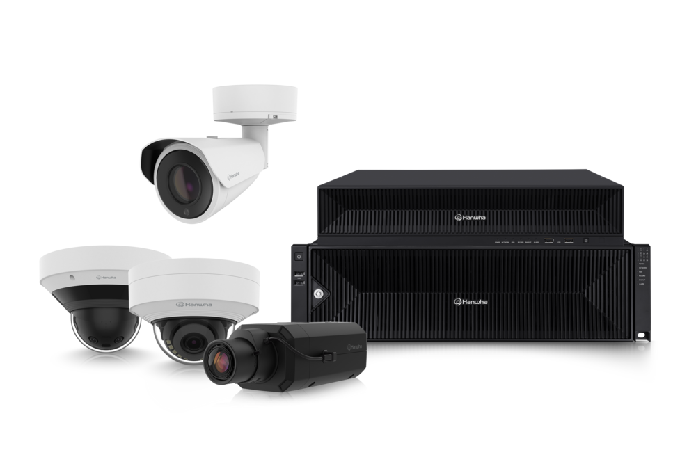 Hanwha Vision's product line including video surveillance cameras and storage devices