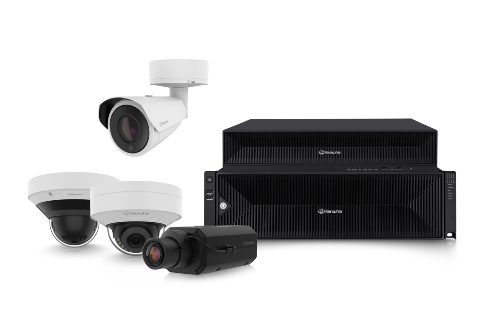 Hanwha Vision's product line including video surveillance cameras and storage devices