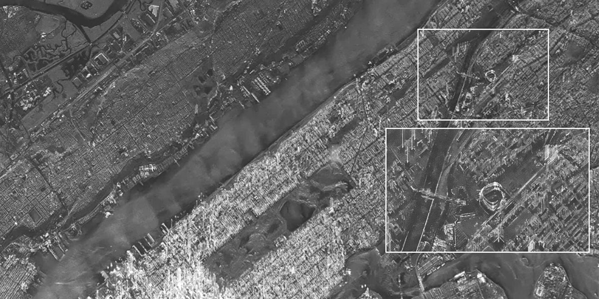 A small SAR satellite image released by Hanwha Systems shows Yankee Stadium, home of Major League Baseball’s New York Yankees.