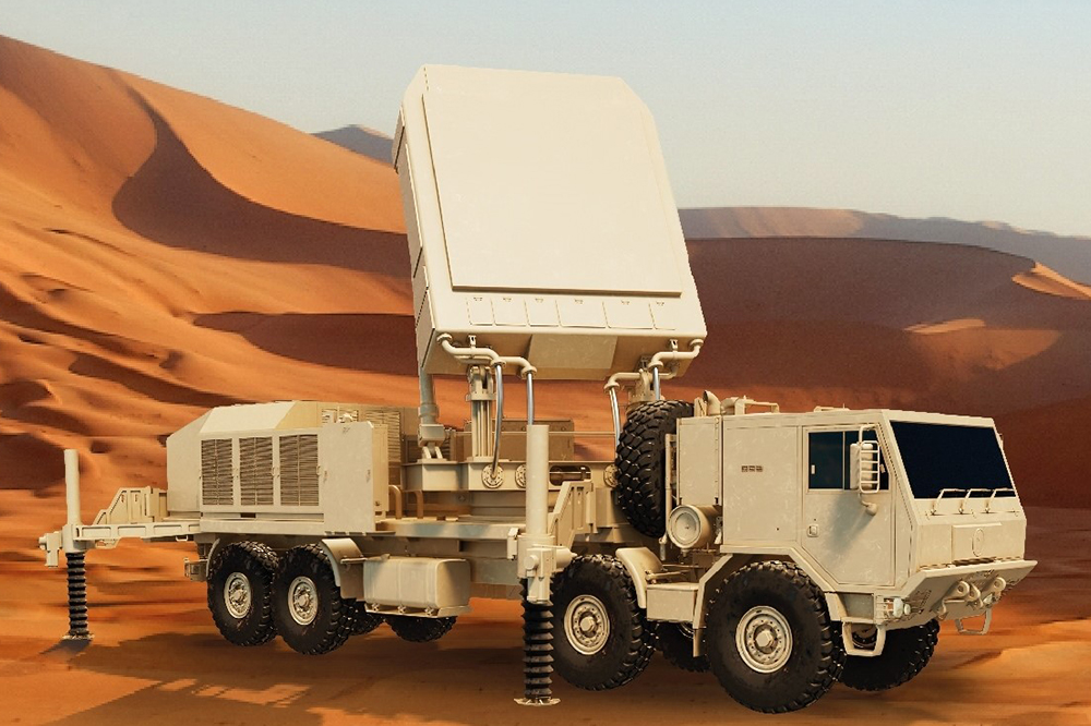 Hanwha Systems’ multi-function radar (MFR) for the medium-range surface-to-air missile system M-SAM-II parked in a desert