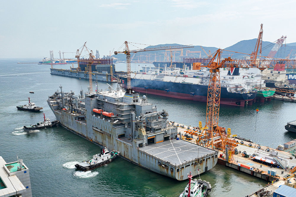 USNS Wally Schirra, a U.S. Navy dry cargo and ammunition ship, docked at Hanwha Ocean’s Geoje shipyard for maintenance