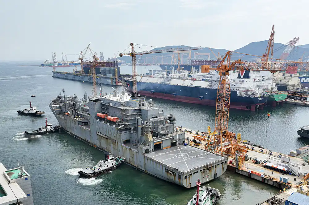 USNS Wally Schirra, a U.S. Navy dry cargo and ammunition ship, docked at Hanwha Ocean’s Geoje shipyard for maintenance