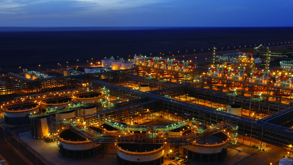 An aerial view of the phosphoric acid plant in Saudi Arabia, seen at night