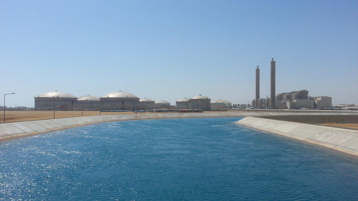 The Medina-Yanbu Power Plant and Desalination Plant in Yanbu, Saudi Arabia, seen from a distance across water