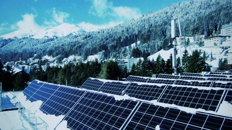 A Hanwha Qcells solar energy system on the roof of the Davos Congress Centre in Davos, Switzerland