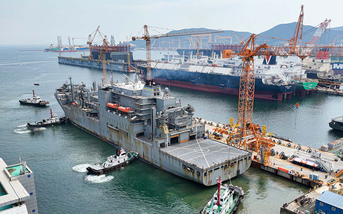 USNS Wally Schirra, a U.S. Navy dry cargo and ammunition ship, docked at Hanwha Ocean’s Geoje shipyard for maintenance