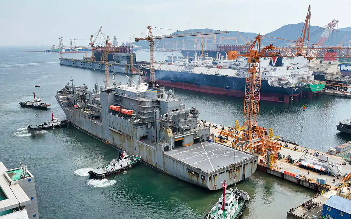 USNS Wally Schirra, a U.S. Navy dry cargo and ammunition ship, docked at Hanwha Ocean’s Geoje shipyard for maintenance