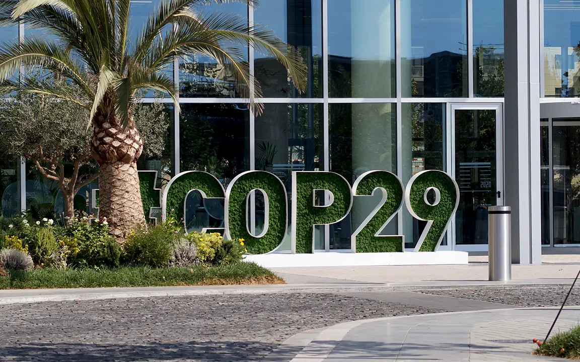 Entrance to COP29, where world leaders gather to discuss urgent climate action and global sustainability goals.